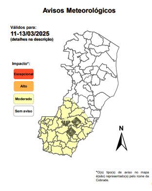 Defesa Civil emite aviso de vendaval, tempestade e granizo para a porção sul do Espírito Santo