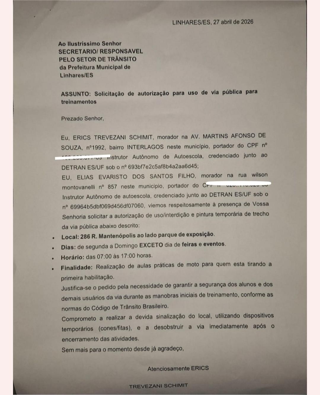 Instrutores de trânsito autônomos pedem espaço para trabalhar em Linhares. 