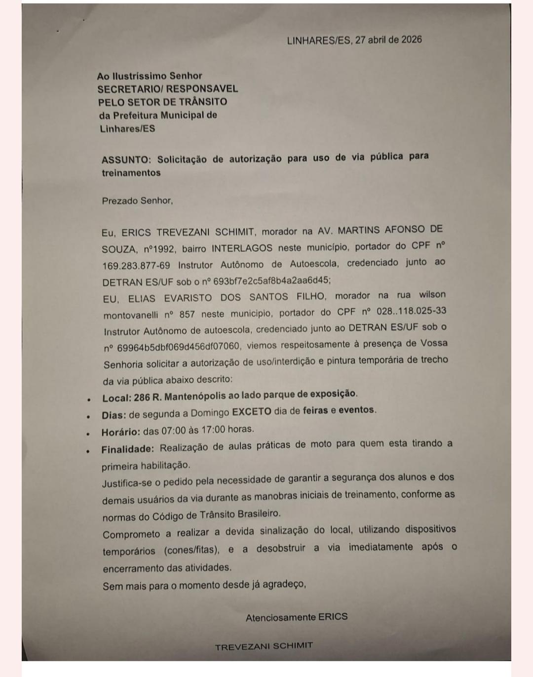 Instrutores de trânsito autônomos pedem espaço para trabalhar em Linhares. 