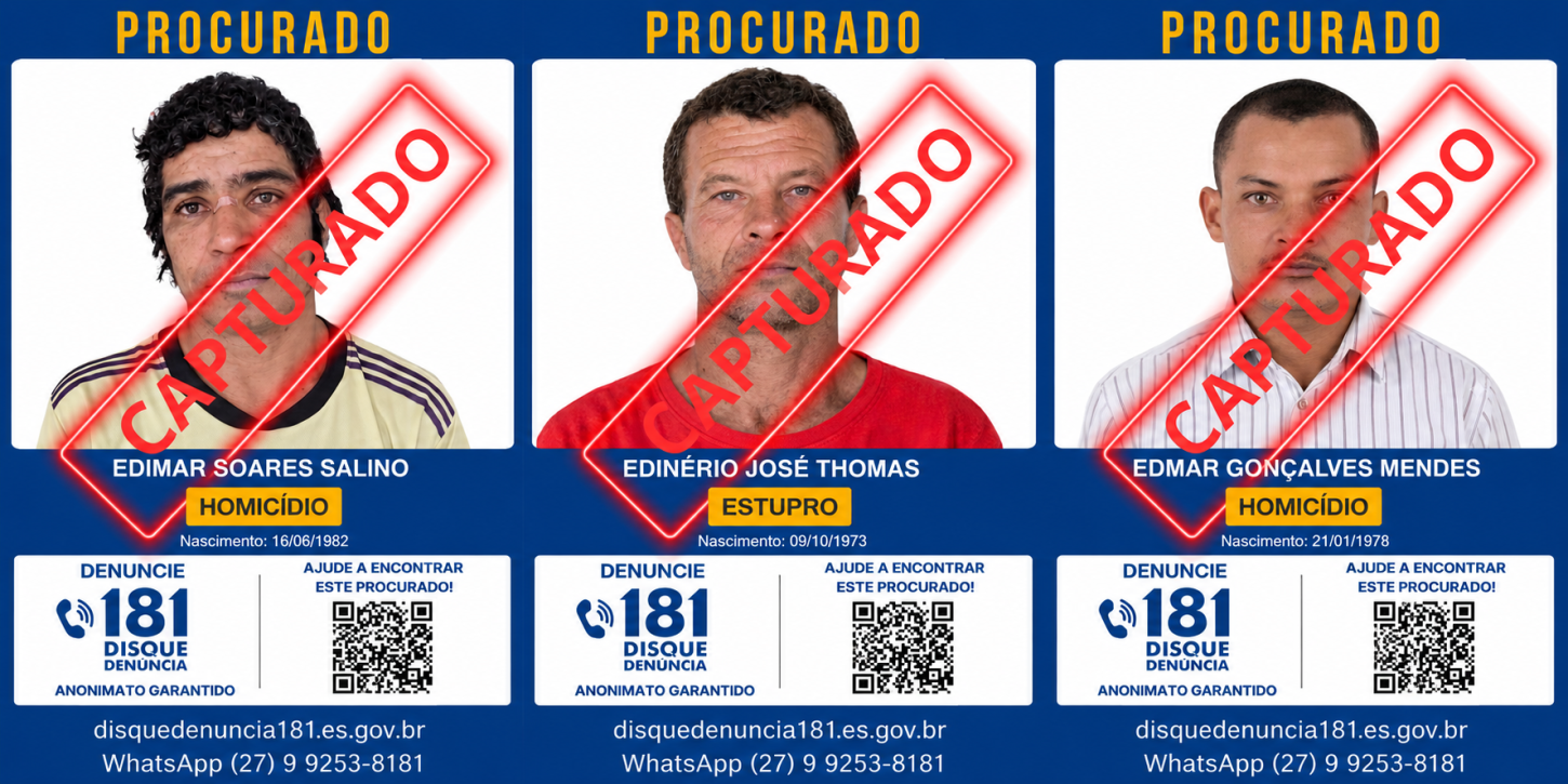 Sobe para três o número de foragidos da lista do Disque Denúncia 181 presos após divulgação.