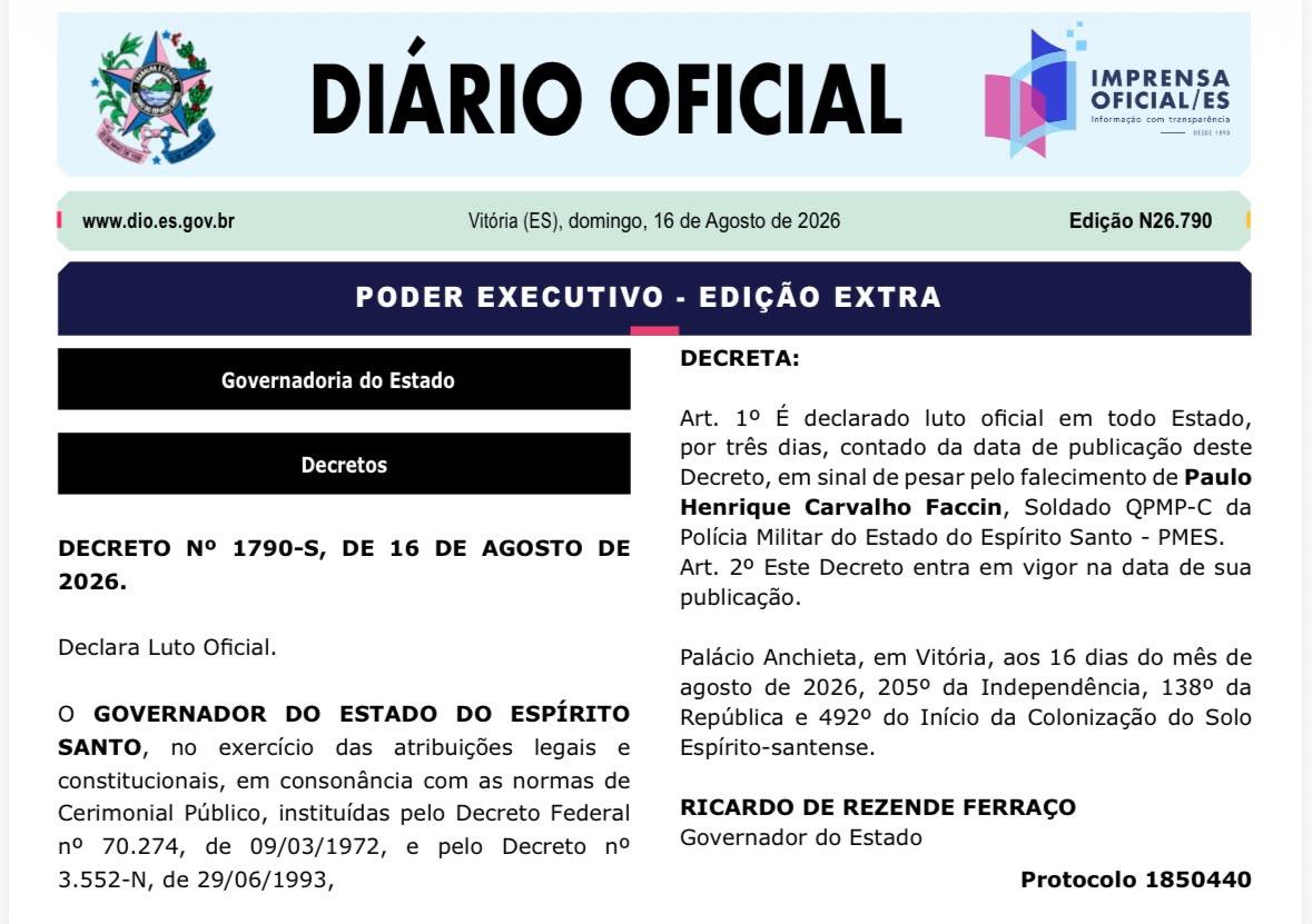 Governo do Estado decreta luto oficial pela morte de soldado da Polícia Militar.